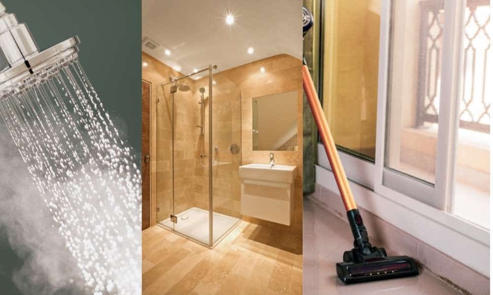 Remove all items from the shower and vacuum the area