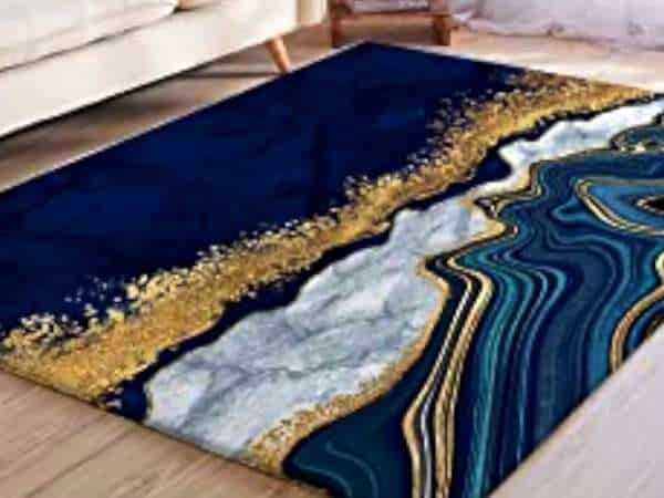 Area Rug in gold and blue bedroom