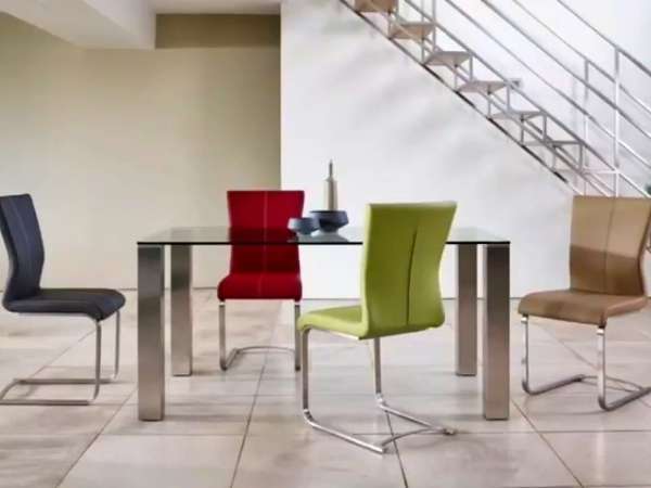 Glass Dining Table With Different Color Chairs