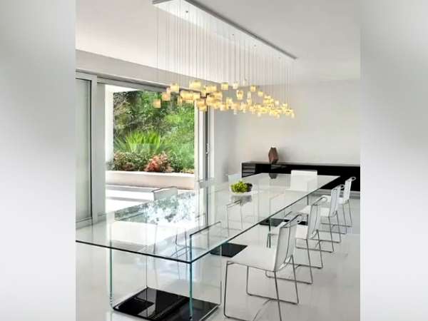 Rectangular Glass Dining Table With Rectangular Stool Pendant Lights