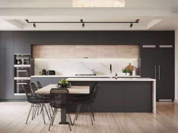 Use Track Lights in Black Kitchen